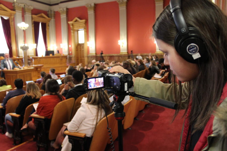Eagle Valley Student Media reporter Bella Rulon ‘20 captures footage for the broadcasting competition. Following the Press Conference, Rulon and other student broadcasters roamed the Capitol interviewing students, advisers, and Capitol Hill visitors and capturing b-roll to gather right information and quotes for their competition packages. 
