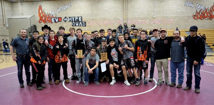 Eagle Valley Wrestling team poses for a group photo after a successful tournament.