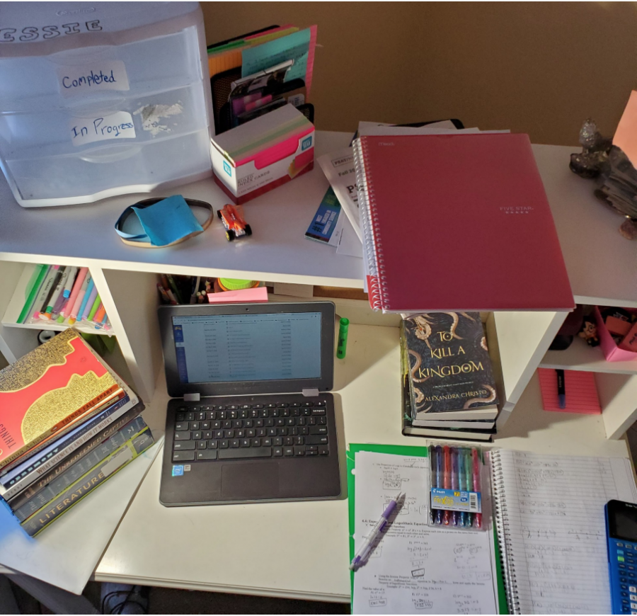 In 2020, students are forced to do a lot of work outside of school. We can’t be in school everyday, so many of us have created spaces at home for doing our school work. This is mine. I have a desk in the corner of my room where I keep and do all my work. 