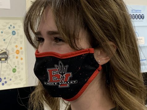 Hannah Rippstein 22 wears the EVHS mask for Devil Dancer practices.